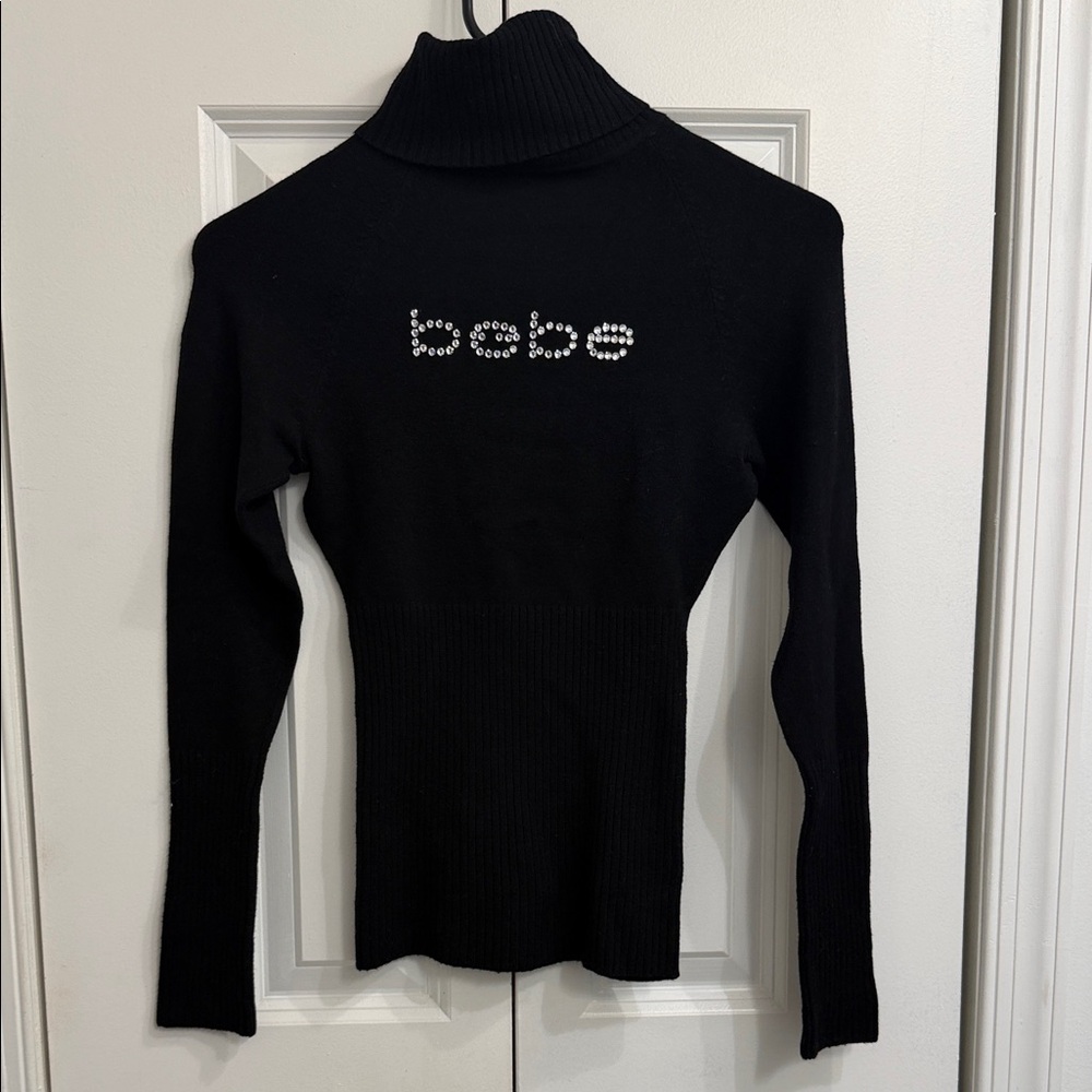 bebe Black Turtleneck with Crystal Logo